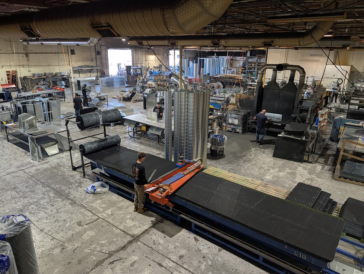 HVAC fabrication shop overview with ductwork in progress